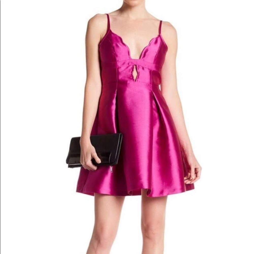 Hot pink satin scalloped fit & flare cocktail dres